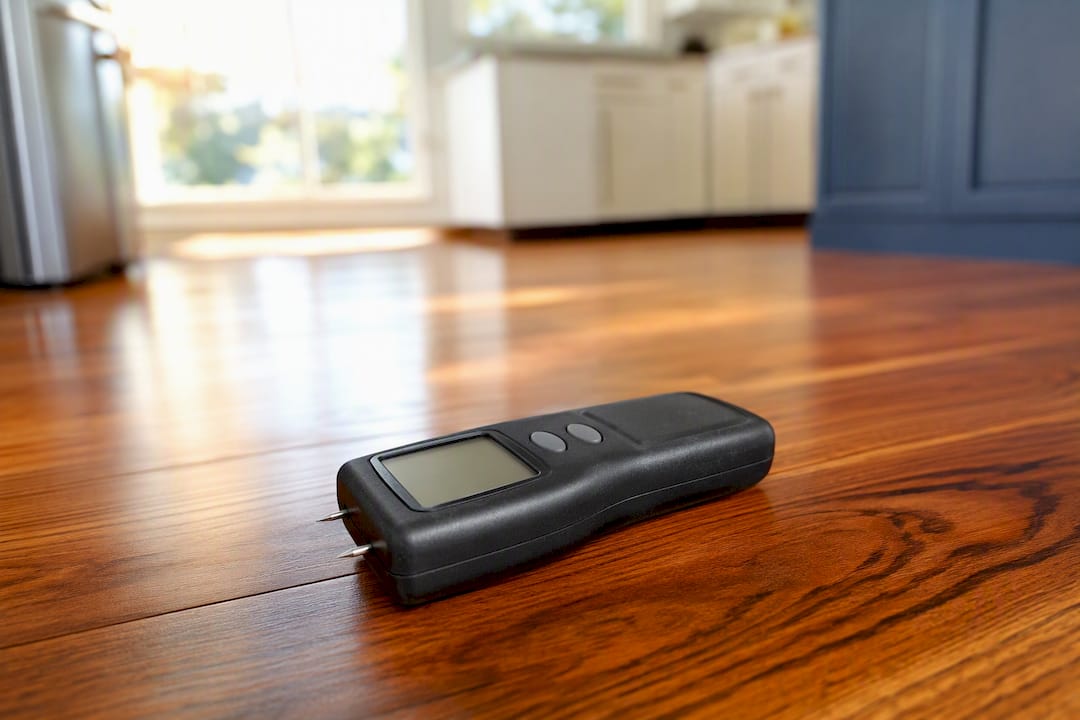 Moisture meter on hardwood floor