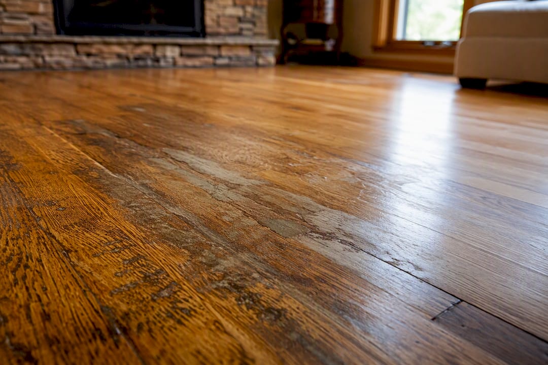Close-up of hardwood floor showing urine damage