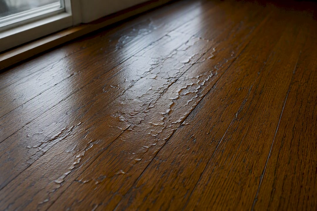 Close-up of winter finish failure on hardwood floor