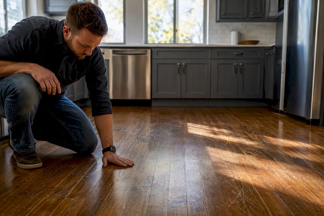 Daylight reveals scratches on hardwood floor