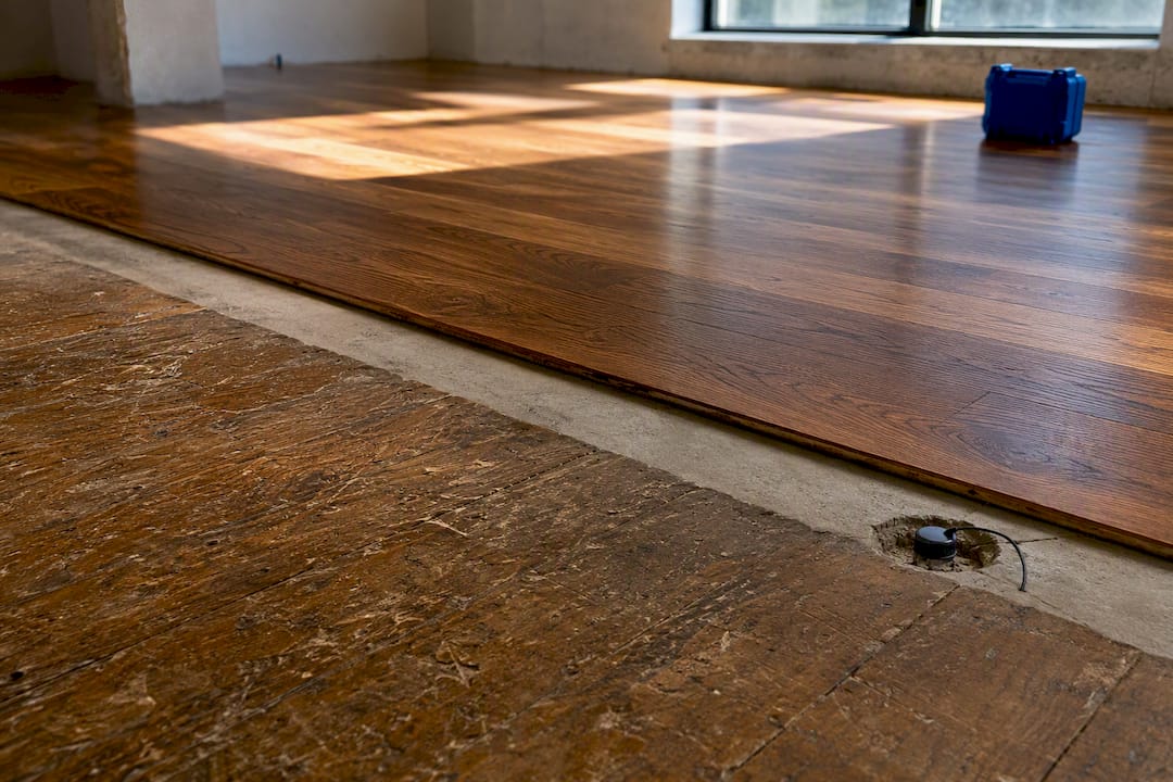 Refinished engineered hardwood beside concrete moisture test