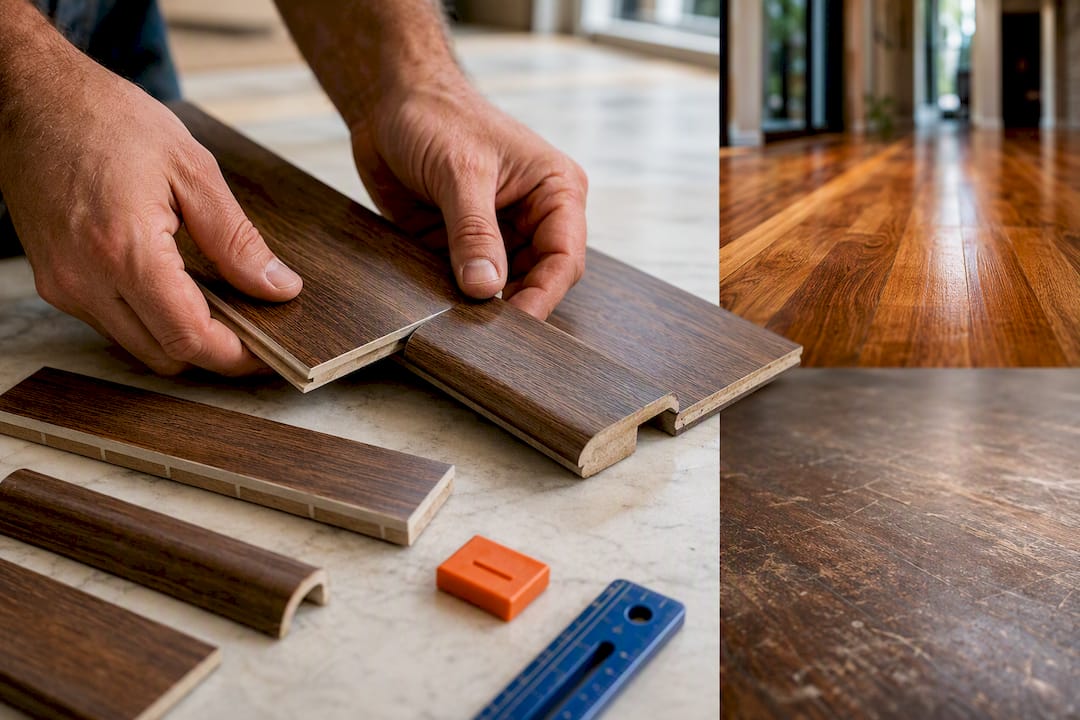 Hands aligning matching stair nosing material edges