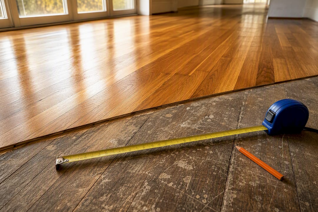Measured hardwood floor showing worn and refinished sections