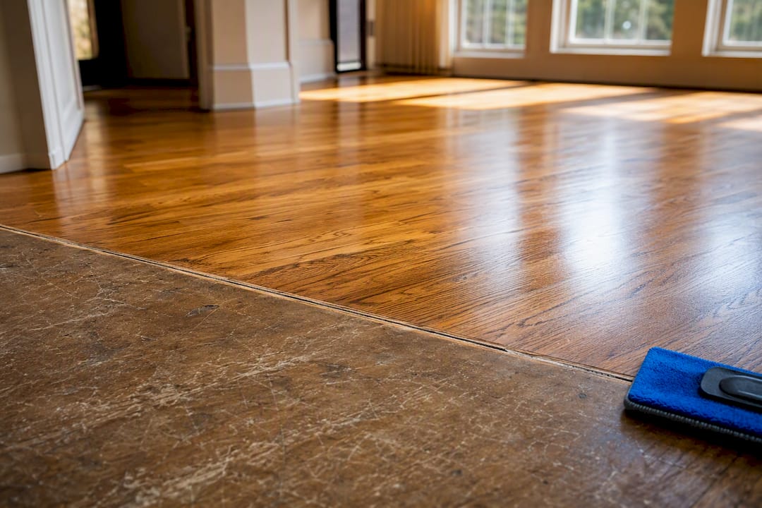 Refinished and worn engineered hardwood floor