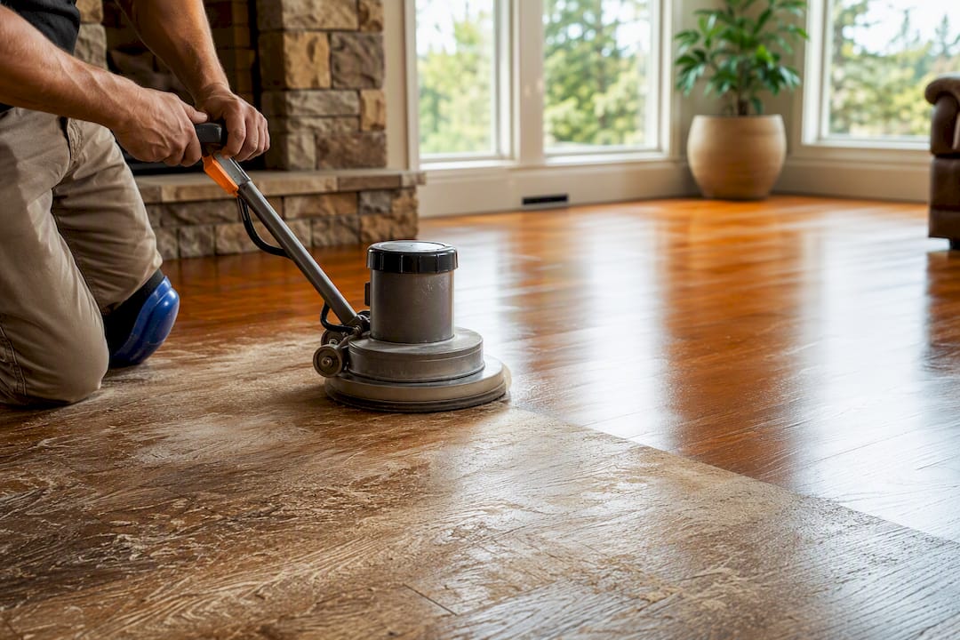 Buffer crossing worn and refinished hardwood