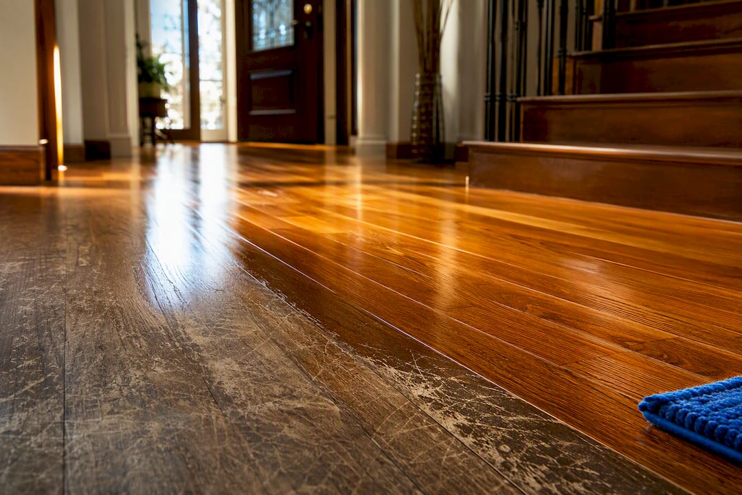Refinished oak floor beside worn scratched boards