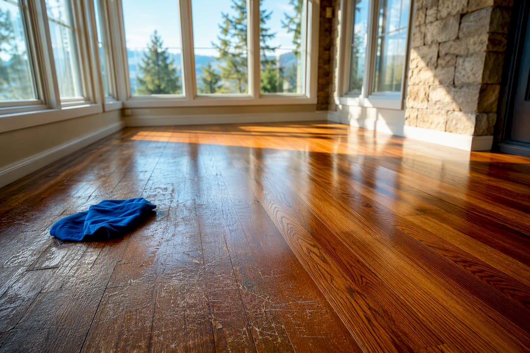 Refinished hardwood beside worn damaged flooring