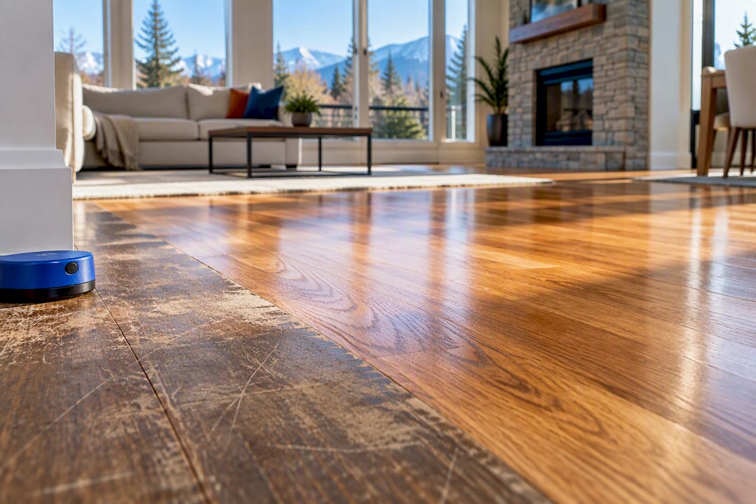 Refinished hardwood floor beside worn boards