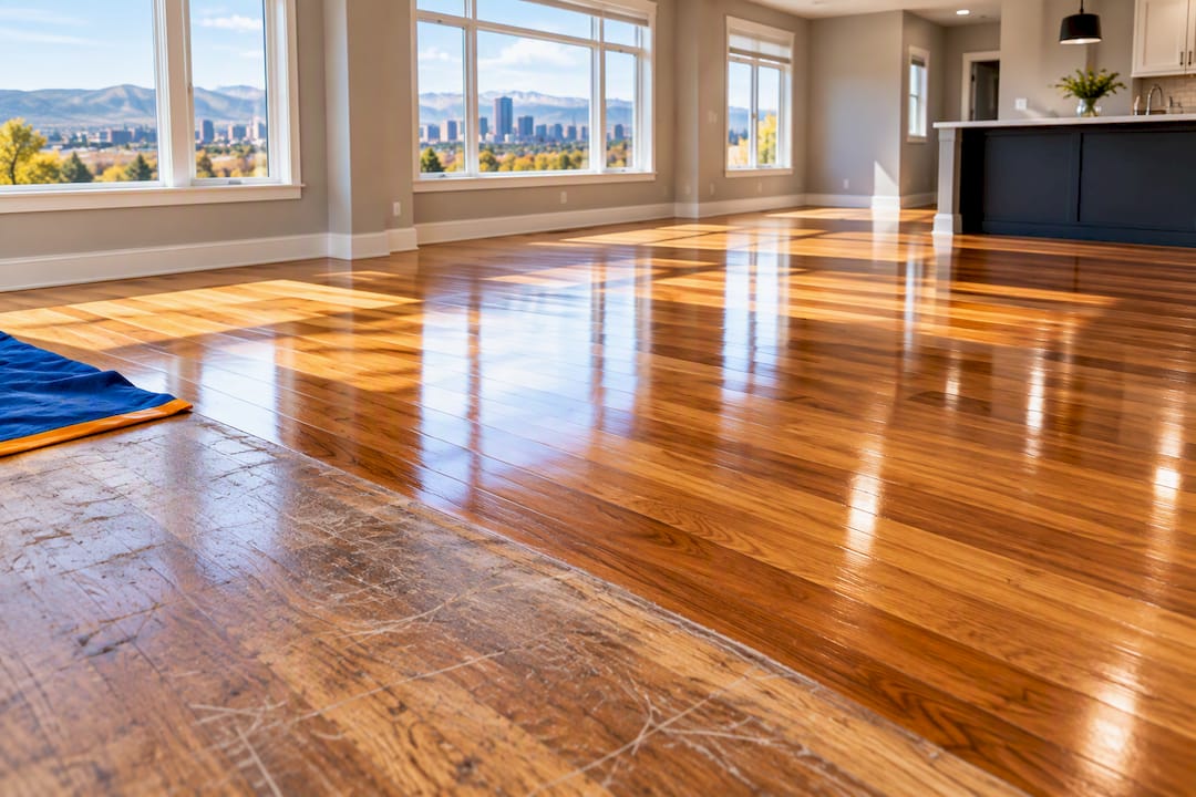 Refinished hardwood beside worn scratched flooring