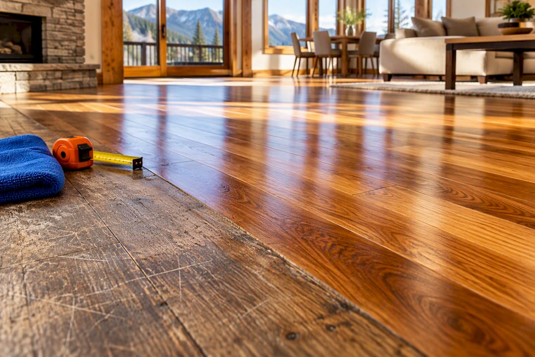 Refinished and worn hardwood floor contrast