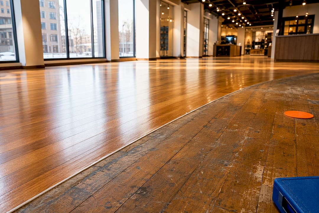 Worn and refinished commercial hardwood floor
