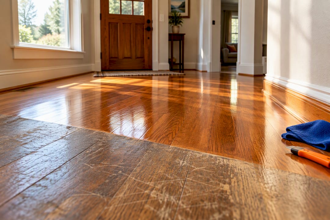 Refinished hardwood floor beside shoe molding