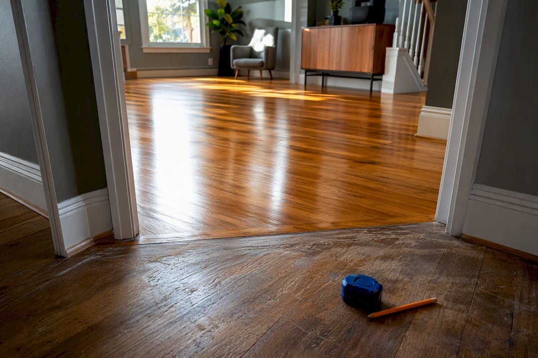 Refinished hardwood floor beside worn flooring