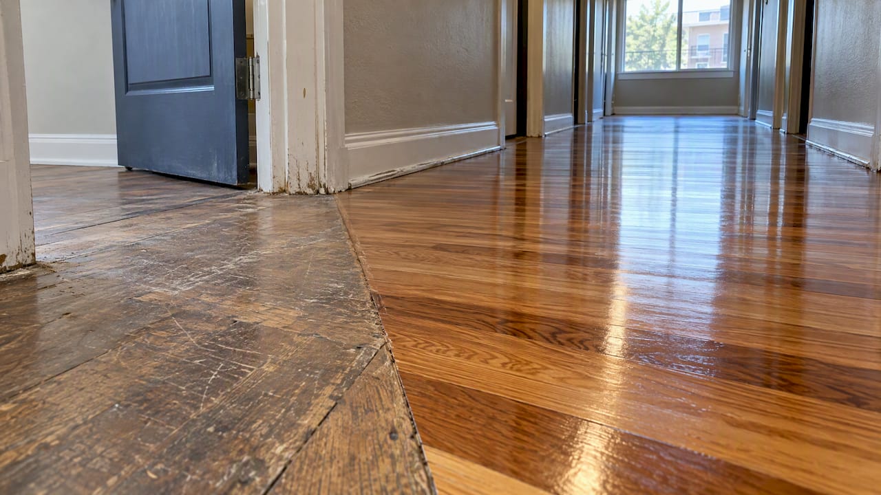 Morning-after comparison of refinished hardwood flooring