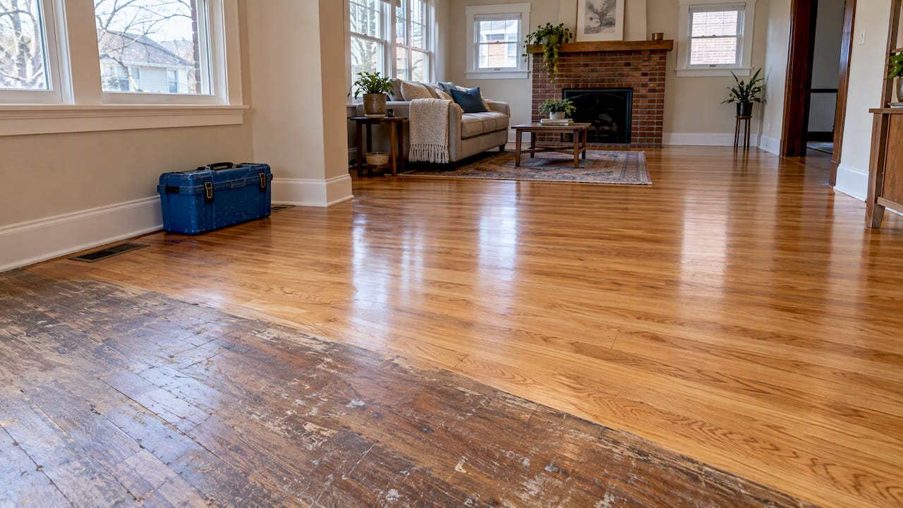 Refinished Denver hardwood floor beside worn boards