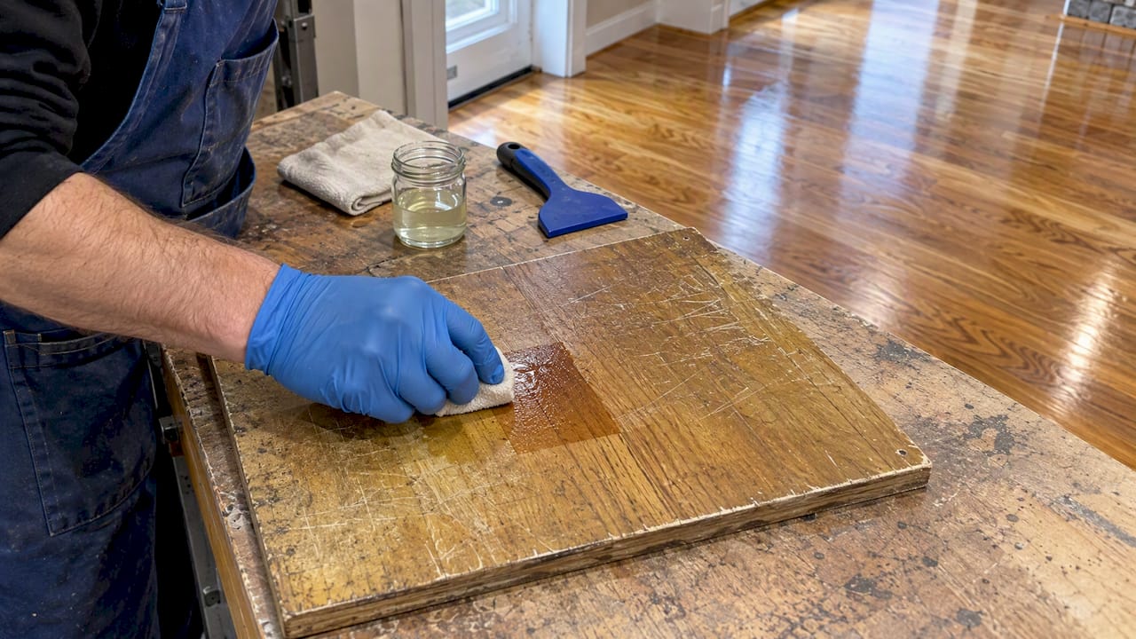 Technician testing finish on worn hardwood
