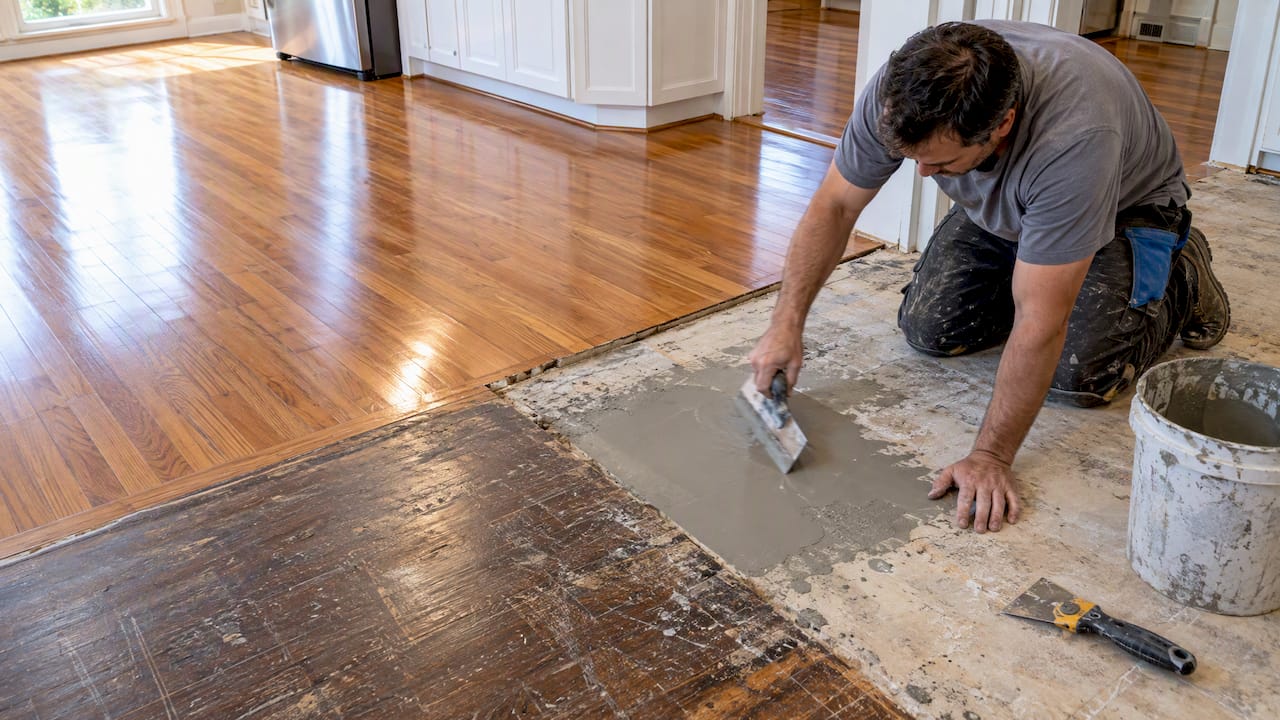 Uneven Denver subfloor beside refinished hardwood