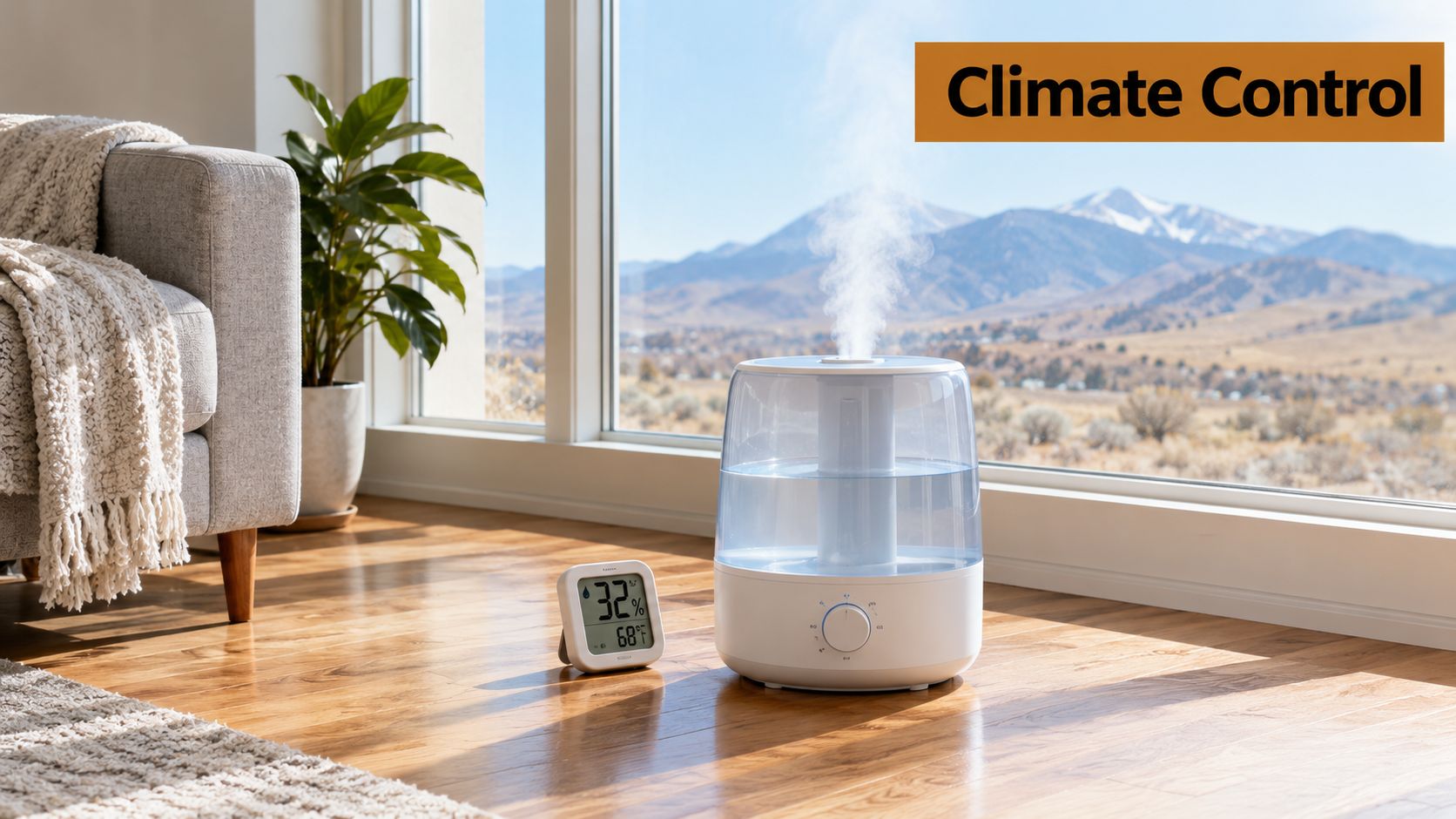 A humidifier and digital hygrometer sit on a hardwood floor in front of a window view.